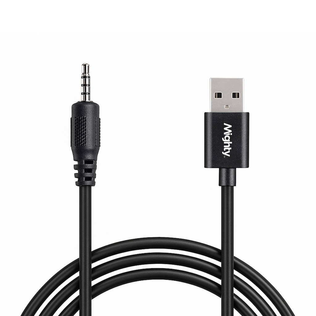 Black Mighty brand USB 2.0 to 3.5mm audio cable with a coiled cord, showing the USB-2 connector and 3.5mm audio connector.