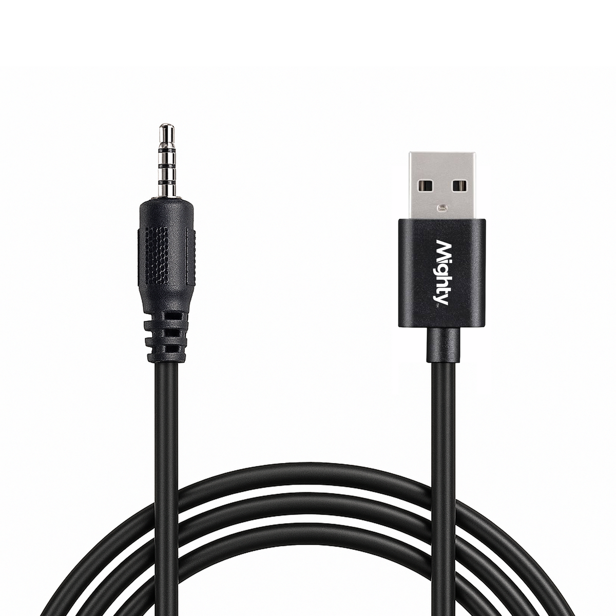 Black Mighty brand USB 2.0 to 3.5mm audio cable with a coiled cord, showing the USB-2 connector and 3.5mm audio connector.