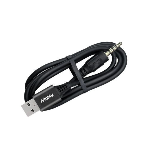 A black USB 2.0 to 3.5mm audio cable coiled and secured with a black elastic band, featuring a white Mighty brand logo on the USB connector.