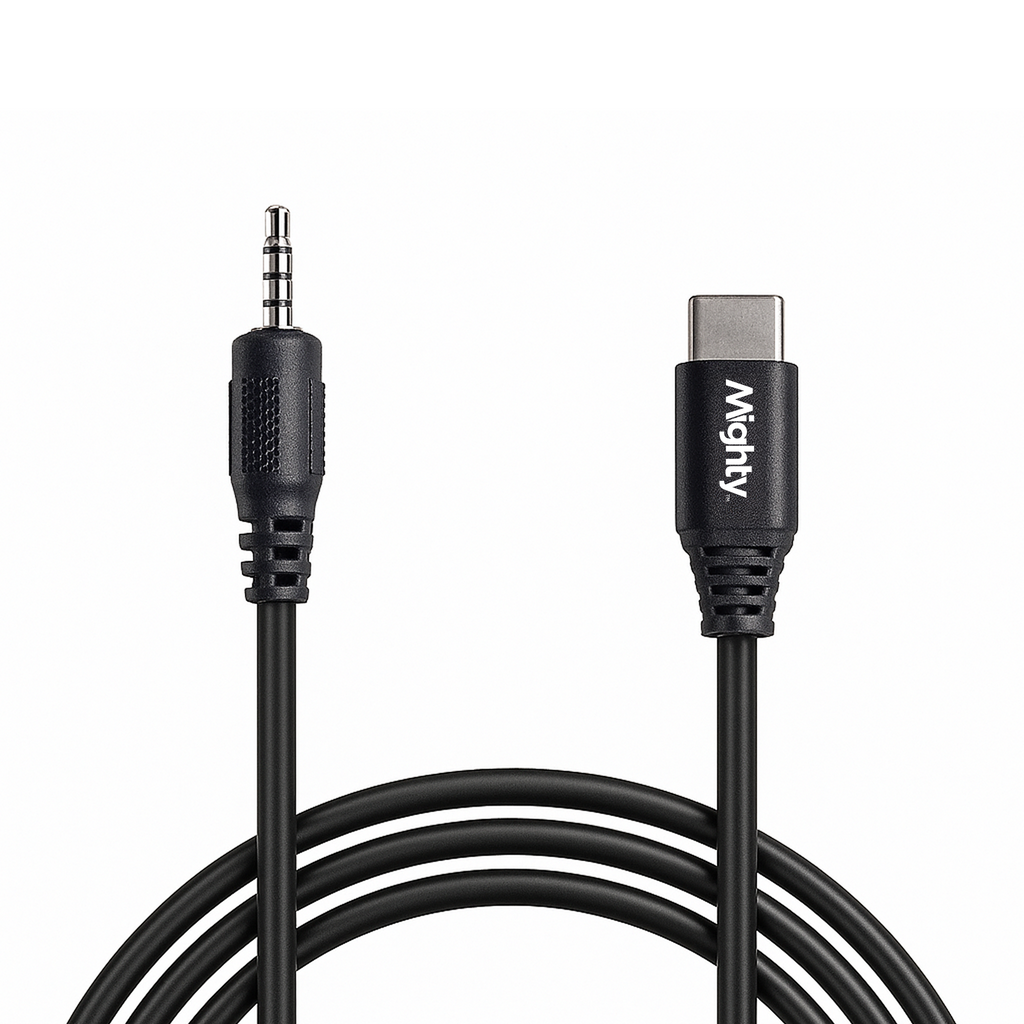 Black audio adapter cable with a 3.5mm jack connector on one end and a USB-C connector on the other, featuring the 'Mighty' brand name printed in white on the USB-C housing, shown coiled.