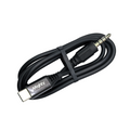 A black USB-C to 3.5mm audio cable coiled with a black elastic band, featuring a 'Mighty' brand label on one end and a gold-plated 3.5mm audio connector.