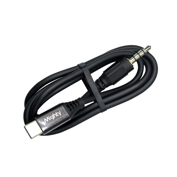 A black USB-C to 3.5mm audio cable coiled with a black elastic band, featuring a 'Mighty' brand label on one end and a gold-plated 3.5mm audio connector.