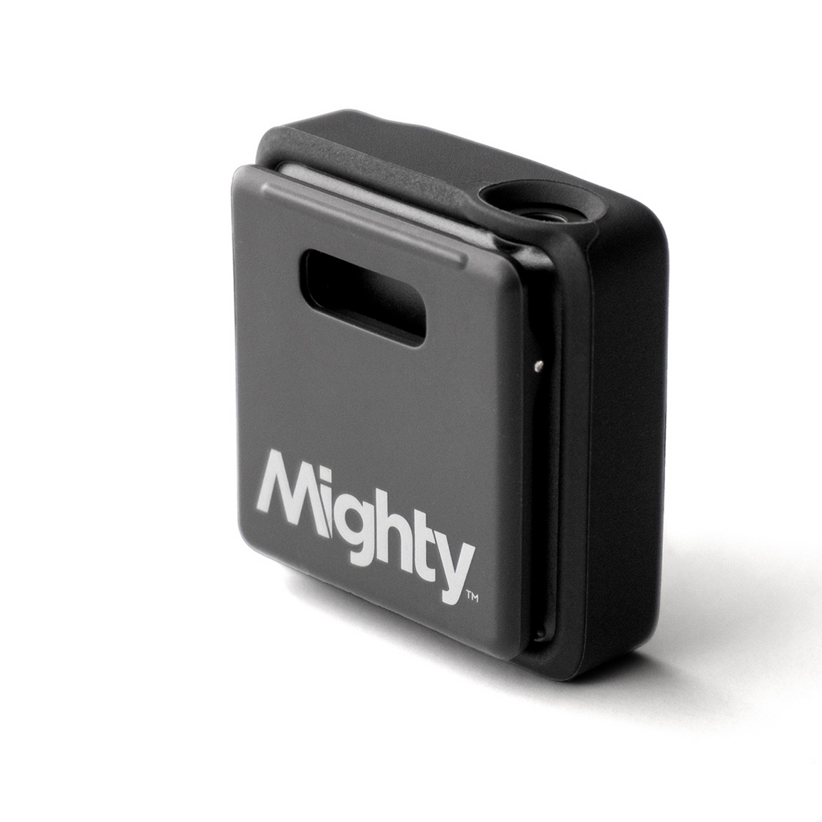 A square Mighty 3 with black protective outer frame, shown on a black Mighty 3. 