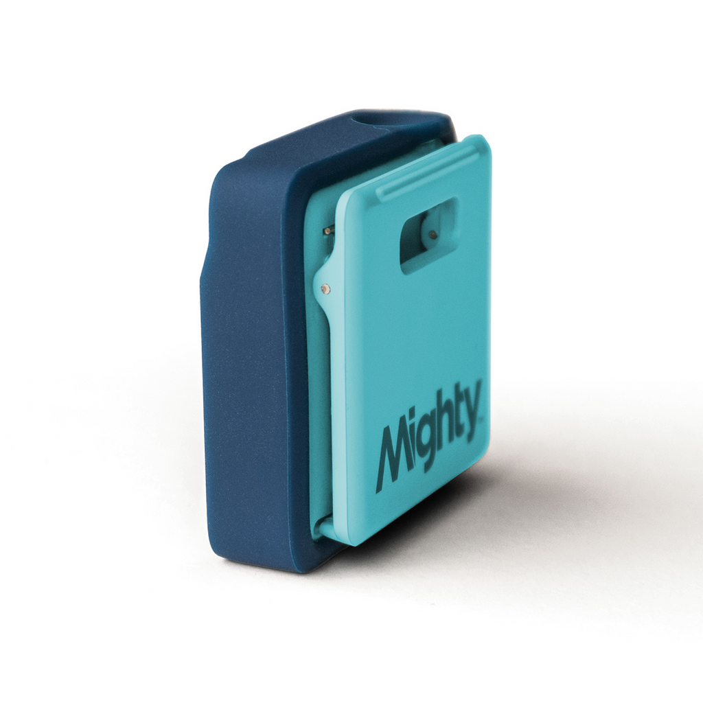 A square Mighty 3 with blue protective outer frame, shown on a blue Mighty 3. 