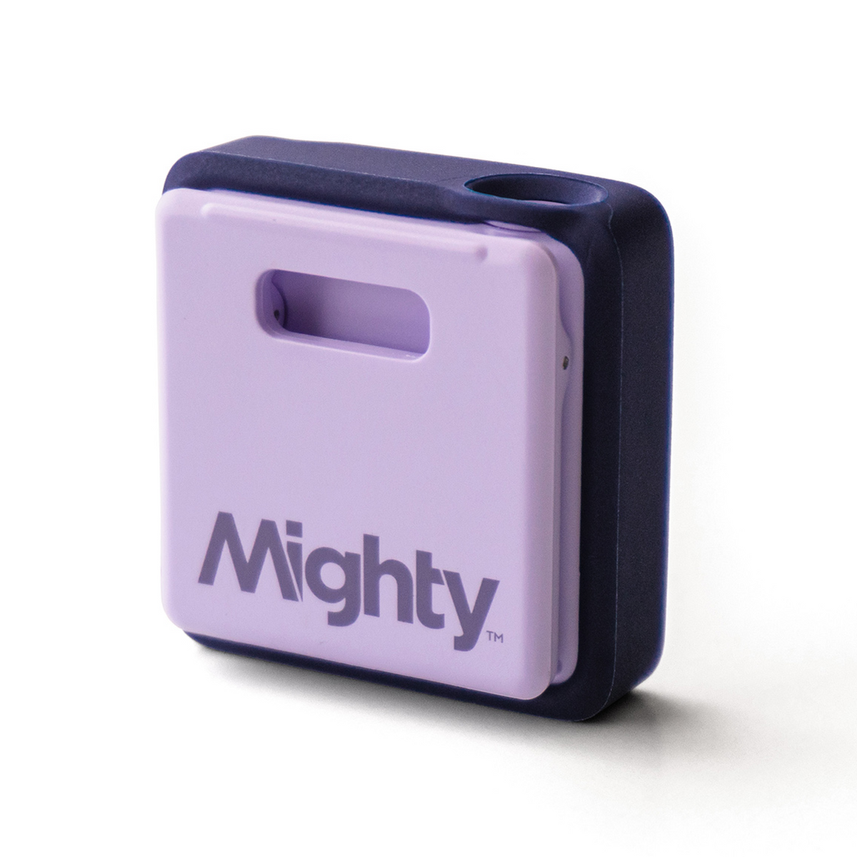 A square Mighty 3 with purple protective outer frame, shown on a lavender Mighty 3. 