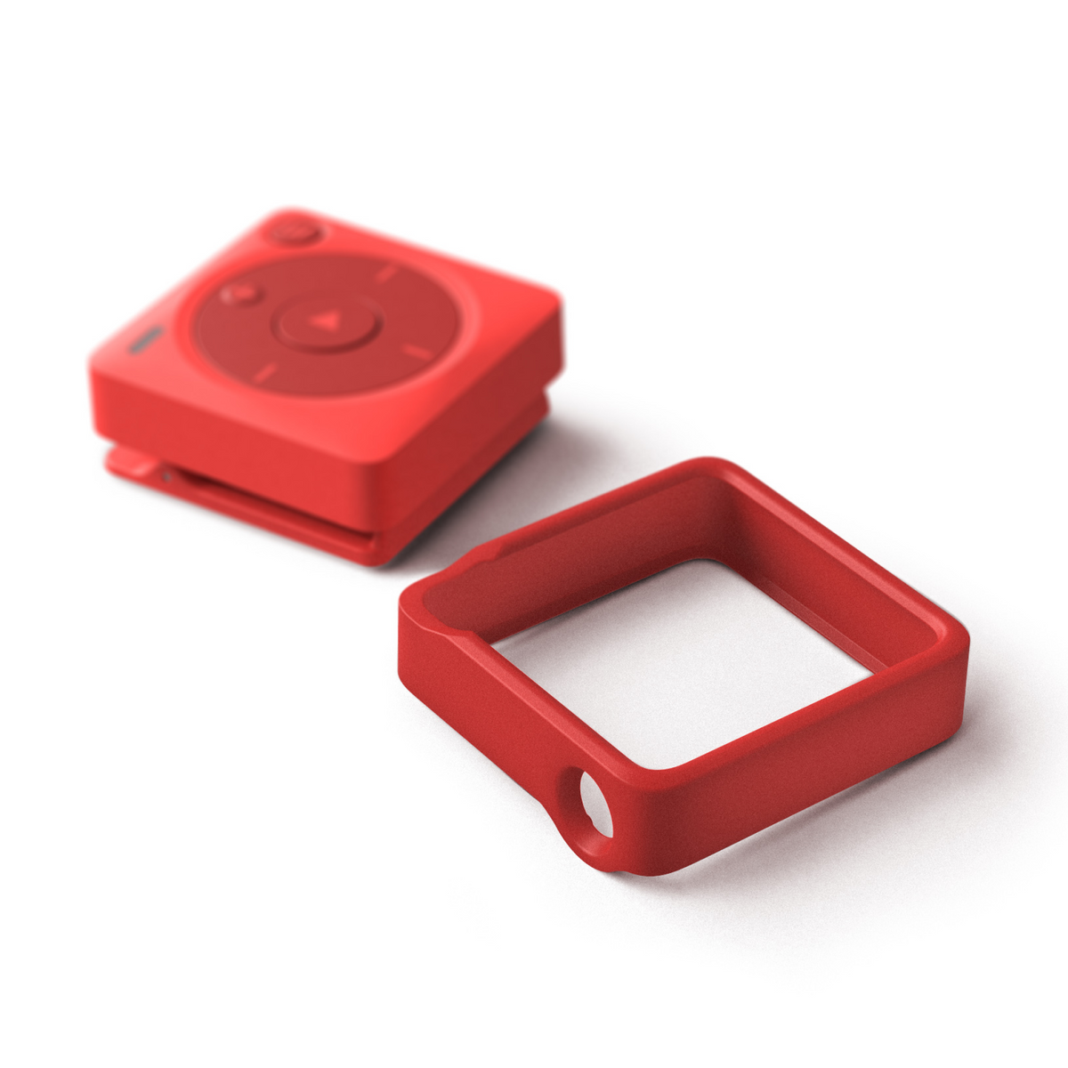 A red protective silicone bumper for a red Mighty 3 device, shown with the case removed and displayed as a separate square frame.