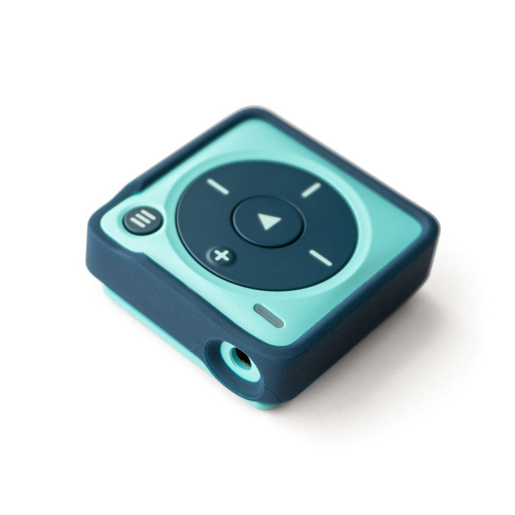 A square-shaped Mighty 3 portable media player with a dark blue silicone outer shell pictured on a blue colored Mighty 3. Shown: faceplate, featuring a directional pad, play/pause button, and volume controls - no screen.