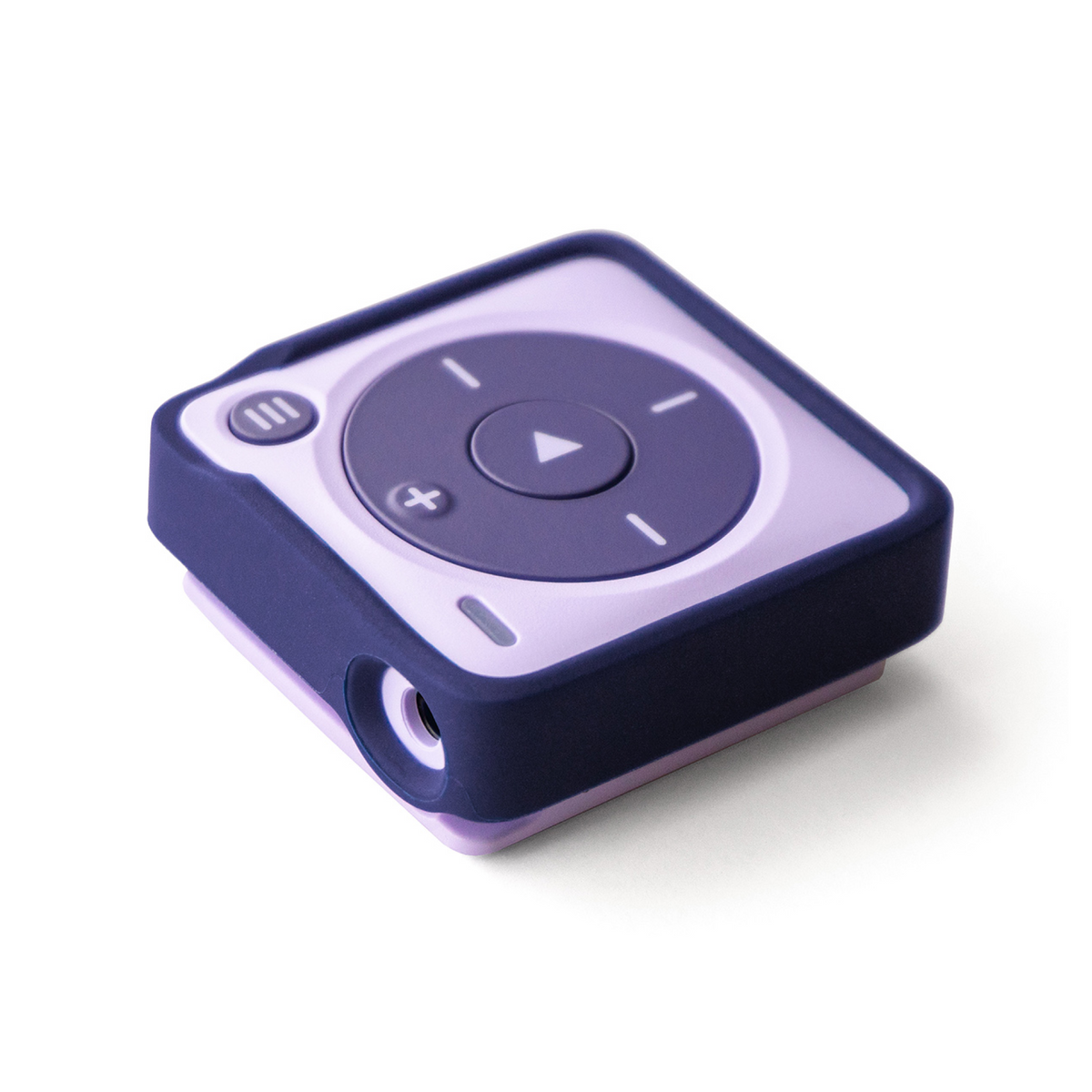 A square-shaped Mighty 3 portable media player with a dark purple silicone outer shell pictured on a lavender colored Mighty 3. Shown: faceplate, featuring a directional pad, play/pause button, and volume controls - no screen.