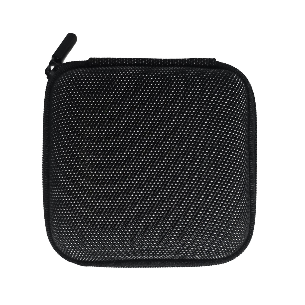 A black textured zippered hard case with rounded corners and a small zipper pull tab.