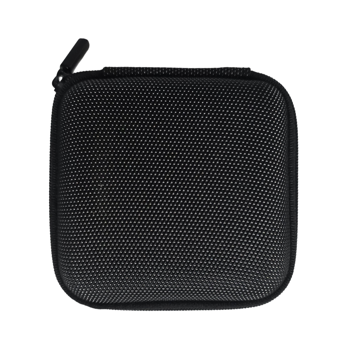 A black textured zippered hard case with rounded corners and a small zipper pull tab.
