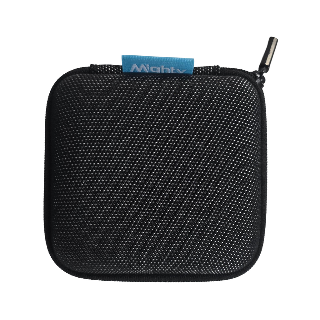 A black textured hard-shell zippered carrying case with a small blue tag reading 'Mighty' on the zipper pull tab.