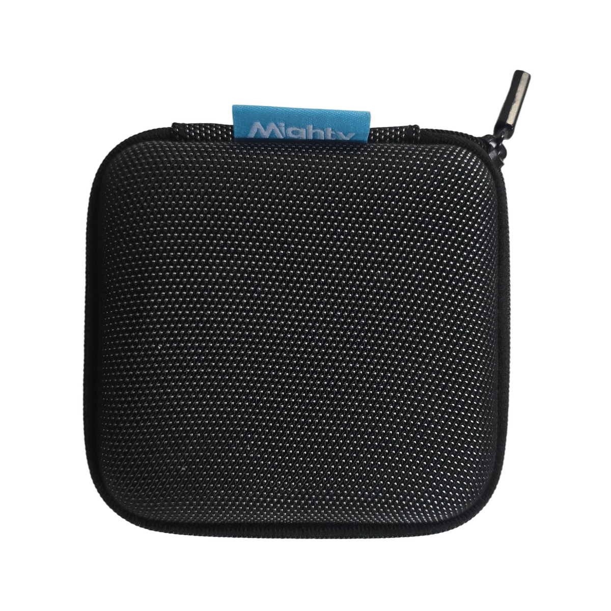 A black textured hard-shell zippered carrying case with a small blue tag reading 'Mighty' on the zipper pull tab.