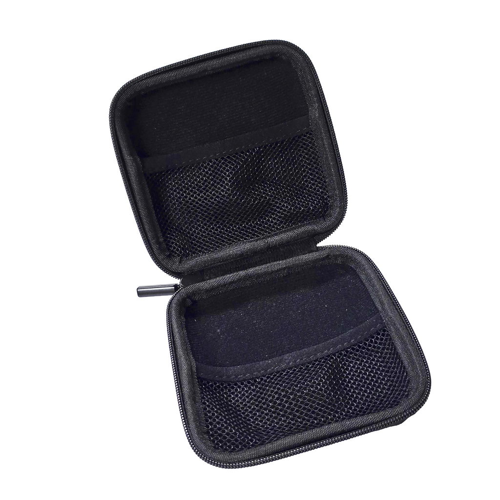 Mighty Carry Case - Opened View - Two rigid mesh covered shells with zipper through center. Soft mesh pockets on both the upper and lower shells to hold headphones, devices, etc.