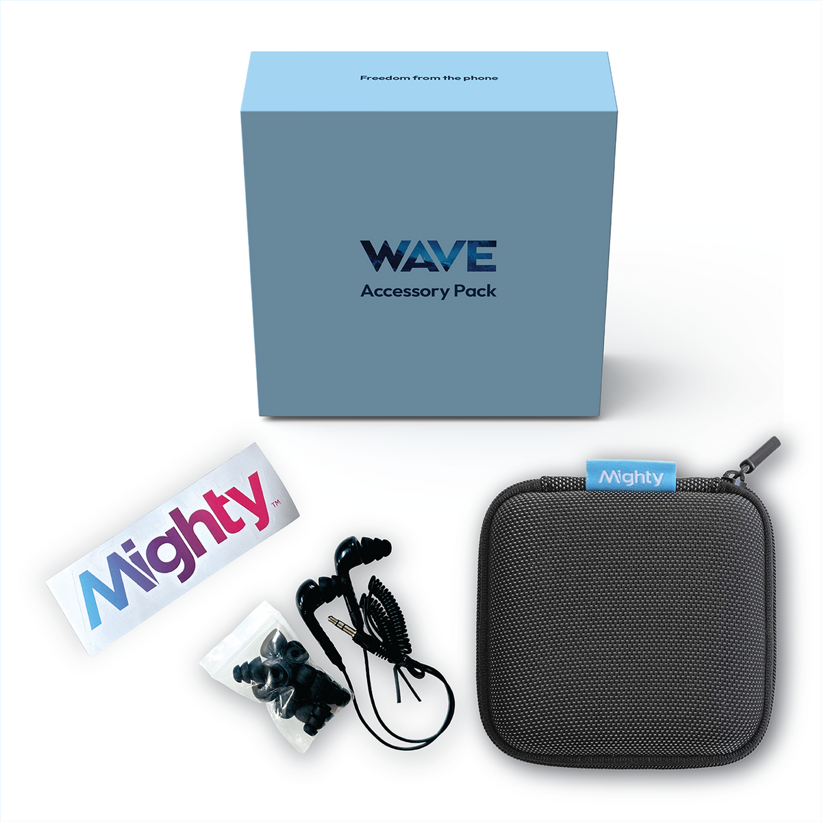 Mighty accessory pack for Waterproof Wave, featuring a light blue box, a black mesh zippered carrying case, a white Mighty branded sticker, earplugs, and a cable.