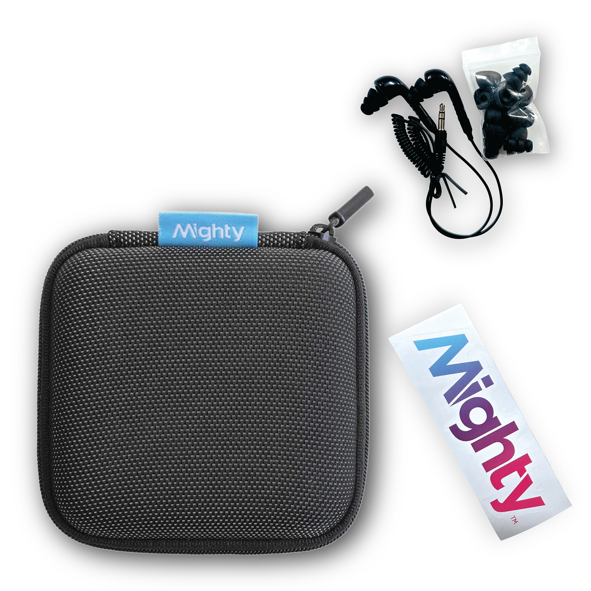 Black textured zippered carrying case with a blue Mighty brand tab, shown with black wired earbuds, a small bag of ear tips, and a white Mighty branded sticker.
