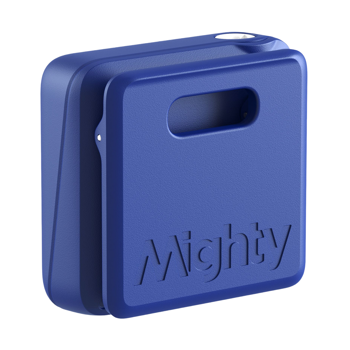 Mighty Wave - Back view with clip shown and Mighty logo embossed on the clip. 3.5mm audio input hole on top with waterproof connector highlighted in white. 