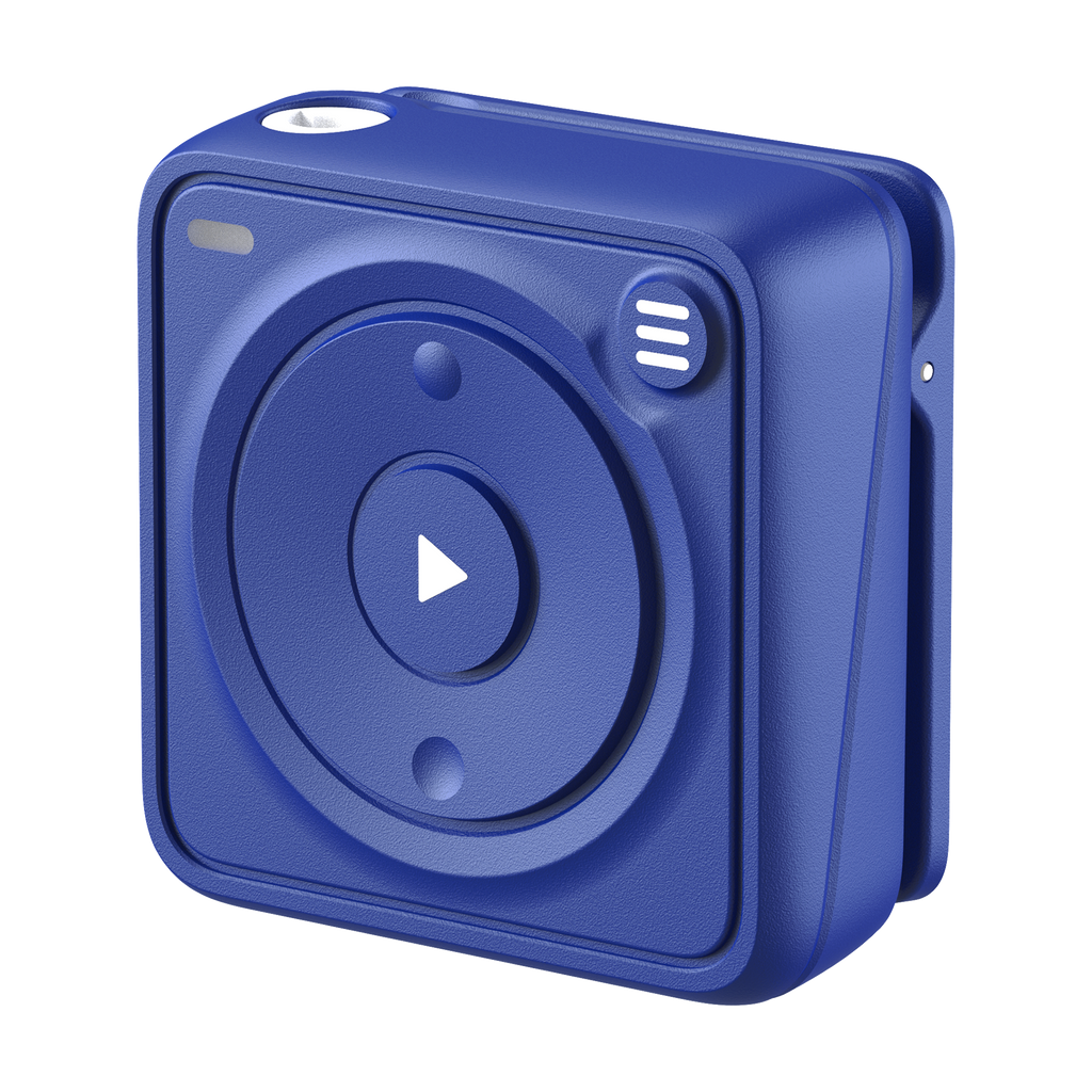 A compact, square-shaped blue waterproof Wave device with rounded corners, featuring a circular faceplate with a central play button and a light indicator.