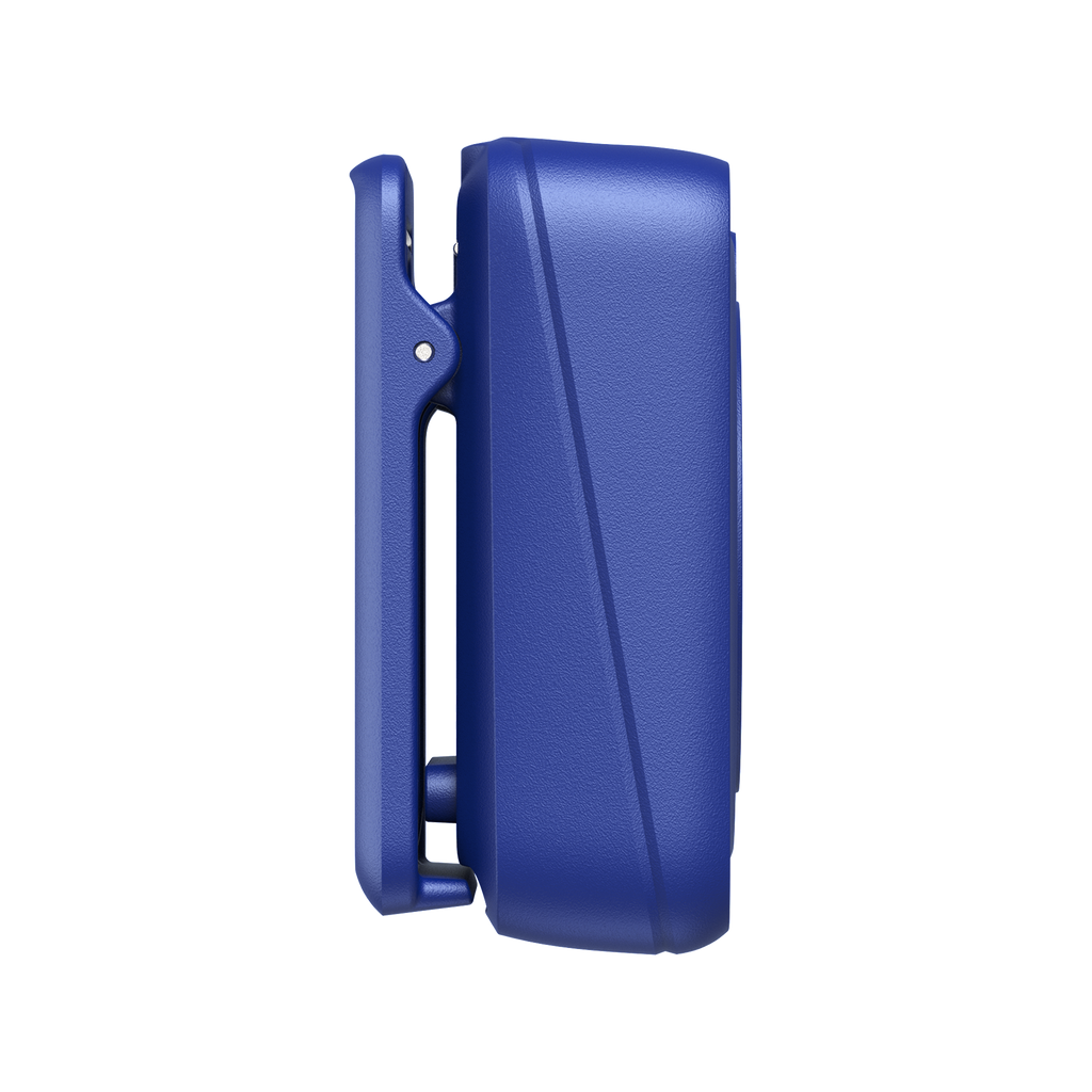 Blue Mighty Waterproof Wave - Side View showing clip and angled part-line.